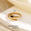 18K gold plated stainless steel snake open ring with hammered texture and black stone - Hammered Snake Black Inlay (1251G-1)