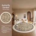 Round floral rug in beige and black with non-slip backing for living room - Diameter 80cm / Butterfly Dance Garden