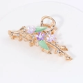 Elegant golden alloy hair claw clip with purple flowers, pearls and green enamel leaves - HS02639 Purple