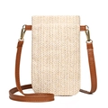 Summer woven beach straw crossbody phone bag with brown leather strap and gold buckle - Plain Style / White