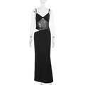 Detail of black slim fit maxi dress featuring sexy mesh patchwork and waist cut-outs - S / Black