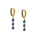 Detail of gold hoop earrings with tiered blue pear-cut crystals and pavé setting - Sapphire Blue
