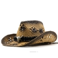 Detail of gradient woven straw cowboy hat with cutout patterns and silver bull skull ornament - Khaki & Black