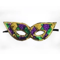 Gedetailleerd overzicht Mardi Gras pailletten halfmasker in goud, paars en groen. - Nieuwe Lovertjesstijl H
