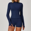 Set yoga blu notte con giacca a maniche lunghe e pantaloncini a vita alta - Taglia S / Top E Pantaloni / Blu Navy