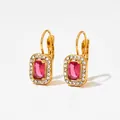 Pink emerald-cut zircon earrings with gold plating and surrounding pavé diamonds - Golden Rectangle Pink Stone Leverback (KDE1154)