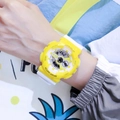 Sporty dual-display watch with bright yellow case and white resin band for youth - Amber White