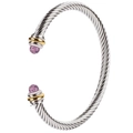 Bracelet torsadé en acier inoxydable réglable avec touches dorées et gemme violette - Bicolore Or et Argent avec cristal rose