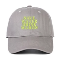 Detailed embroidery of Save Water Drink Margs slogan on a grey cotton baseball cap - Gray