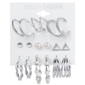 9-piece set of silver-tone hoop earrings with pearls and geometric shapes on a white card - Silver Vintage Artificial Pearl Hoop 9-Pair Set (5225125)