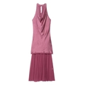 Elegant dark pink halter neck midi dress with pleated skirt and satin texture - XS / Pink
