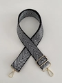 Adjustable 38mm wide canvas bag strap with black and white herringbone pattern and gold clips - Black White Chevron
