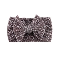 Detail of brown floral print baby headband with a soft ribbed fabric and large bow - Brown Floral