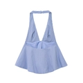 Chic blue striped halter neck backless top with V-neckline and bow detail for summer - XS / Sky Blue Plaid