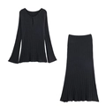 Set due pezzi da donna con top in maglia nera con scollo a V e gonna midi in maglia a coste - S / Nero