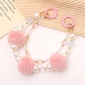Pink fur pom-pom bead chain with faux pearls and gold accents for bags and phones - Pink Double Chain Style (K116)
