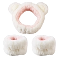 3-piece white and pink plush spa headband and wristband set with cute bear ears - Off-white 3-piece Set (the Wrists Have 3 Hand-stitched Seams)