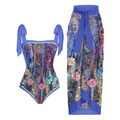 Three-piece bikini set with blue mandala floral print and matching long wrap skirt - Blue Flower