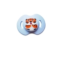 Light blue silicone baby pacifier featuring a cute orange cartoon tiger design on the shield - Tiger Pacifier / Blue