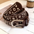Dark coffee leather belt featuring silver studs and rhinestones with horseshoe buckle - 35# Waist Chain - Dark Coffee
