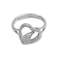 Adjustable silver heart ring with sparkling stones and textured metal feather pattern - Initial J (Silver Ring J) / Silver