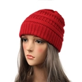 Women's autumn winter red knitted beanie hat with stylish wave texture and ribbed cuff - Red