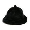 Close-up of black plush bucket hat featuring a pom-pom top and elegant ruffled edges - M (56-58cm) / Black