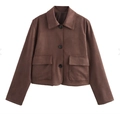 Detail of a brown faux suede cropped jacket with large lapels and buttoned flap pockets - S / Brown