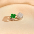 Green clover hoop earrings with white cubic zirconia and silver plating finish - Silver Frame Green Malachite & Zirconia