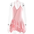 Dettaglio dell'abito rosa con scollo all'americana, bottoni laterali e volant - S / Rosa