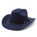 Classic dark blue wool felt jazz fedora hat with flat brim and brown leather band - M (56-58cm) / Navy Blue