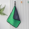 Green and grey double-sided microfiber towel with hanging loop on a decorative wall hook - 25*25cm (400gsm) / Green