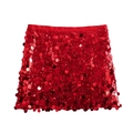 Close-up detail of high-quality red sequins and satin waistband on a mini skirt - XS / Bottoms / Burgundy