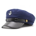 Detail of navy cotton baker boy hat with black leather brim and silver anchor emblem - 54-60cm(Adjustable) / Navy Blue