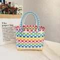 Rainbow checkered handmade plastic woven tote bag with light blue top handles - Plain Plaid / Clear Multicolor