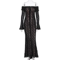 Elegant black lace off-shoulder maxi dress with flare sleeves and pink lining - S / Black with Lining and Trailer