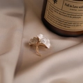 Elegant gold ginkgo leaf brooch featuring white pearl and shimmering pavé crystals - 516# Little Silver Letter