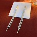 Elegant gold long tassel earrings with sparkling crystals and a white faux pearl charm - 14# Gold Pearl Tassel Style (HE1226)