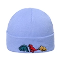 Close-up of soft purple knit beanie with colorful cartoon dinosaur embroidery detail - M (56-58cm) / Sky Blue