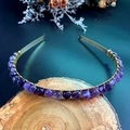 Detailed view of handmade purple crystal headband with golden wire on rustic wood - Amethyst with Gold Wire Gold Headband
