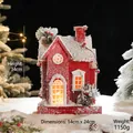 Red Christmas light-up wooden house ornament with snow, pine cones and berries - Pine Cone Snow House Style C Battery Model