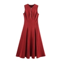 Elegant red sleeveless midi dress with front zipper and pleated A-line silhouette - S / Dark Red