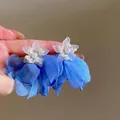 Detailed view of blue chiffon flower earrings featuring delicate pearl beads and white petals - Blue Chiffon Petals with Matte Flower and Pearl (13# Silver Earring Post - Blue)