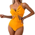 Two-piece bright yellow bikini with a bow knot top and high-waisted bottoms - Sunflower Yellow