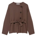 Détail d'un cardigan en maille marron avec boutons ronds et ceinture nouée assortie - S / Camel