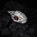 Leaf design S925 sterling silver necklace set with oval red garnet on dark stone base - Ring / Silver / Garnet