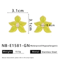 Green floral stainless steel stud earrings with zirconia accents and gold finish - Green (NB-E1581-GN)