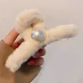 Large plush claw clip in beige with a central white pearl for thick hair accessories - White Large White Pearl Plush Claw Clip 11cm