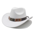 White western cowboy felt hat with ethnic style bull metal buckle and decorative leather band - M(56-59CM) / White
