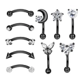 Black stainless steel body piercing set featuring moon star and butterfly zircon studs - Black